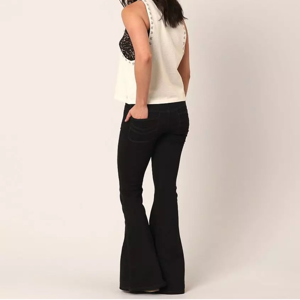 Free People Stella Extreme Flare Jeans Black Mid-Rise Stretch Boho - Picture 2 of 6